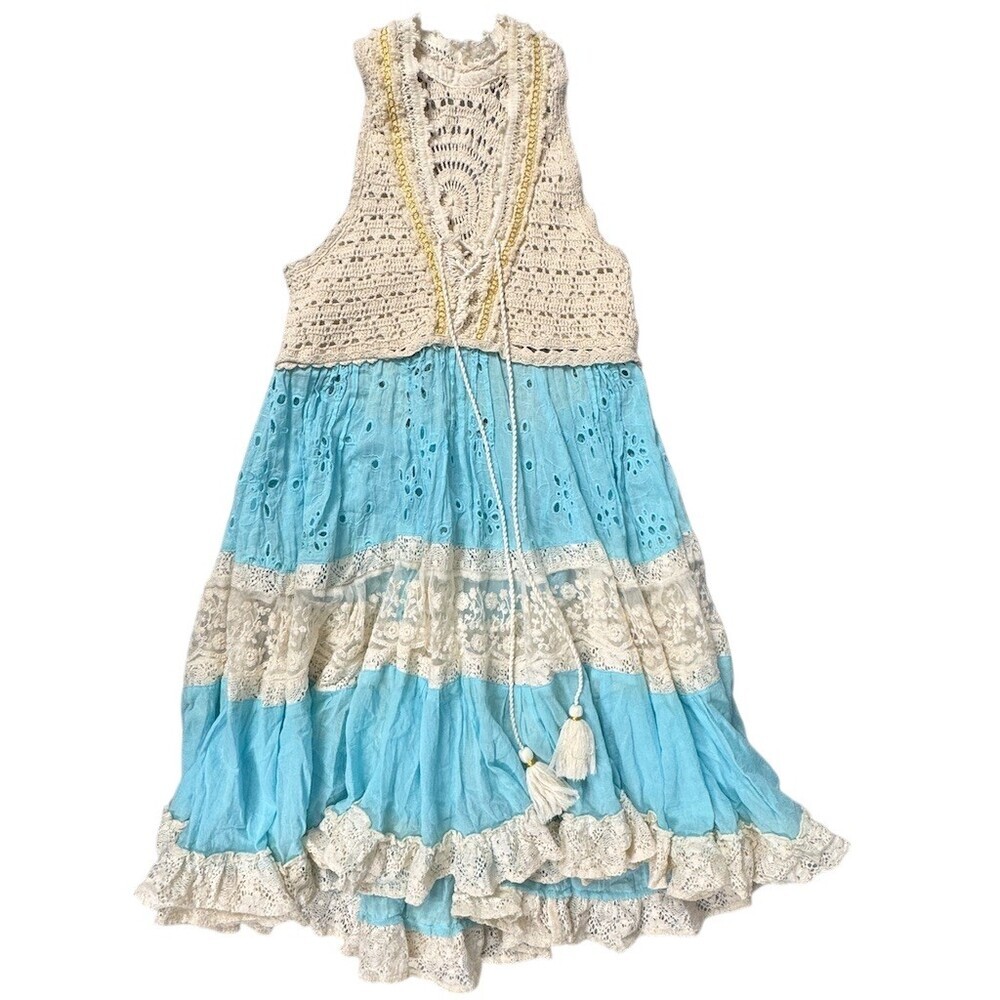 Boho Crochet Lace Dress Womens M Blue & Cream Sleeveless Tiered